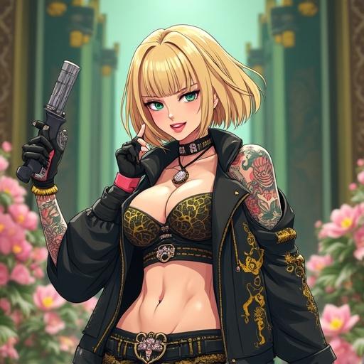 Anime character, futuristic setting, woman, 40 years old, beautiful face, elegant light blonde blunt bob, emerald green eyes, light pink diamond jewelry, punk rock outfit, muscular arms, singing, colorful tattoos, luxurious environment.