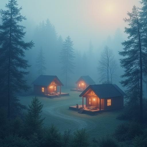 Cluster of cabins surrounded by trees in fog. Light streams from windows creating a warm glow. Soft pastels blend in an atmospheric painting style. The setting feels tranquil. Focus on lanterns illuminating the mist.