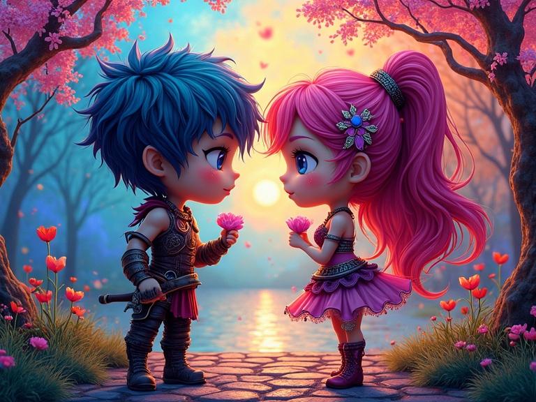 Chibi-style characters in a park. A warrior and a dancer meet lovingly. Bright neon colors dominate the scene. The background features a colorful park setting.