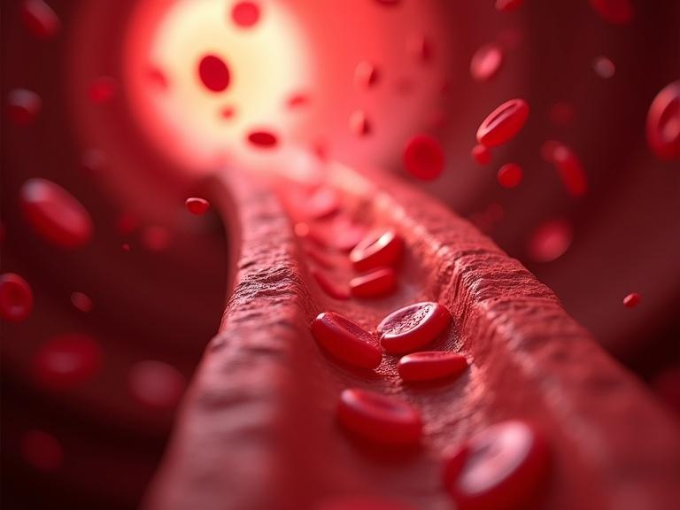 Visual representation of the interior of a human artery. Red blood cells are flowing dynamically with motion blur. Micro particles are floating in blood plasma. The image is a highly detailed 3D medical illustration. It features realistic lighting and shadows. Depth of field effects are present. Atmosphere conveys dynamic flow. Background has soft focus. Dominant colors are warm red tones.
