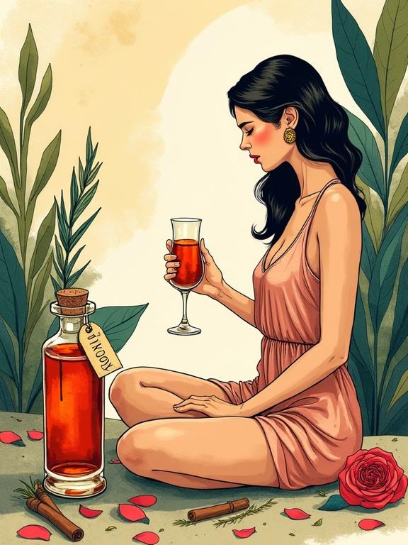 Illustration of a woman in a silk sun-dress meditating with glass in hand. An apothecary-style bottle labeled 'ALFRUNO' filled with reddish liqueur is in the foreground. Rose petals and green plants surround her. The scene conveys elegance and relaxation in warm colors and whimsical style.