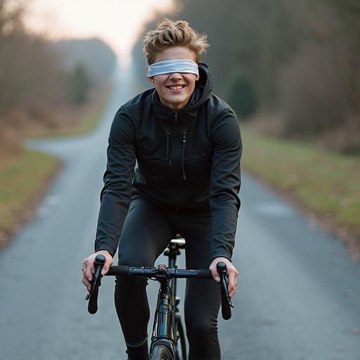A cyclist rides on a road wearing a blindfold. The setting is a natural landscape with trees and a blurred background. The cyclist wears activewear and is engaged in the activity.