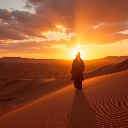 Sunset in the Namibian desert. A monk silhouette is against the backdrop of a glowing sunset over sand dunes.