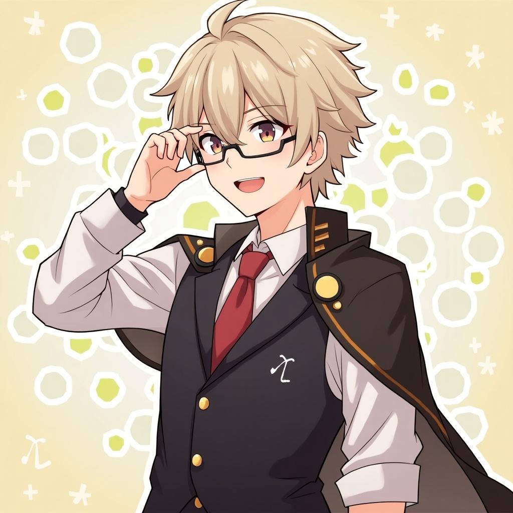 Anime boy character smiling. Wears glasses and a black cape. Blonde hair styled. Background features decorative shapes.