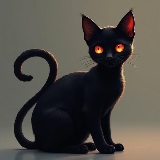 a black kitten with bright orange spiral-shaped eyes in humanoid form resembling a cat. Its fur is sleek and shiny. The ears are perked up, and it sits with an elegant posture. The backdrop is neutral and soft to accentuate the cat's features.
