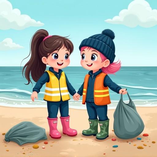 Two children on a beach picking up litter. One girl has long dark blonde hair in a ponytail wearing a hi-visibility vest and pink wellies. The other girl has pink hair in a beanie wearing a hi-visibility vest and green wellies. They are happy and holding hands.