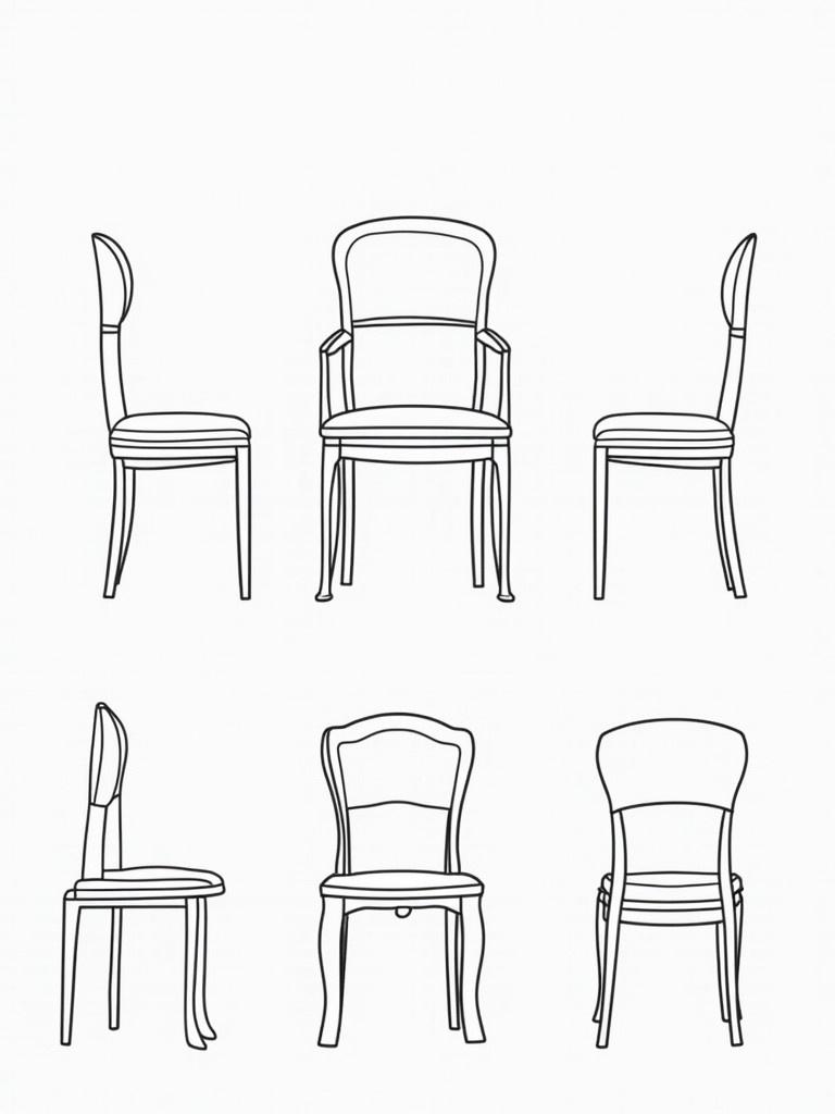 Chair shown in various views. Design reduced to simple outlines. Suitable for CAD applications. Focused on angles of the chair.