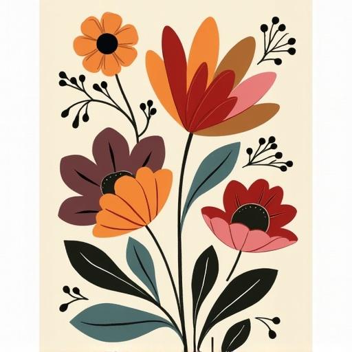 Boho art featuring an arrangement of colorful flowers in a mid-century modern style suitable for digital downloads and home decor.