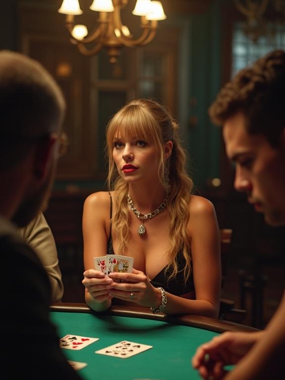 Scene at a poker table featuring an attractive woman with long blonde hair dressed fashionably She is playing poker with two men and holding a card at a dimly lit table The background shows elements of a classic casino environment