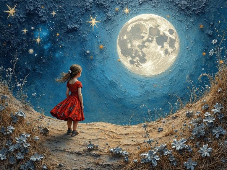 A young girl in a red dress stands on a textured hillside gazing at a large glowing moon. The background features a starry sky with golden stars. The scene utilizes mixed media elements including collage materials and textures to create depth and interest.