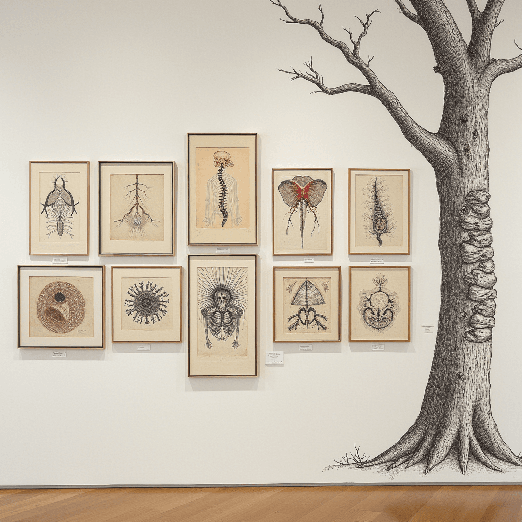 A collection of surreal anatomical drawings displayed on a wall next to a tree mural.