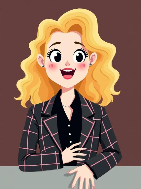 Digital illustration in wojak meme style showing a 20-year-old person with blonde curly hair wearing a plaid blazer. The character has a black collared shirt and is posed with their hands on a surface. The background is a gradient from dark brown to burgundy. The image features simple lines and flat colors typical of wojak aesthetics.