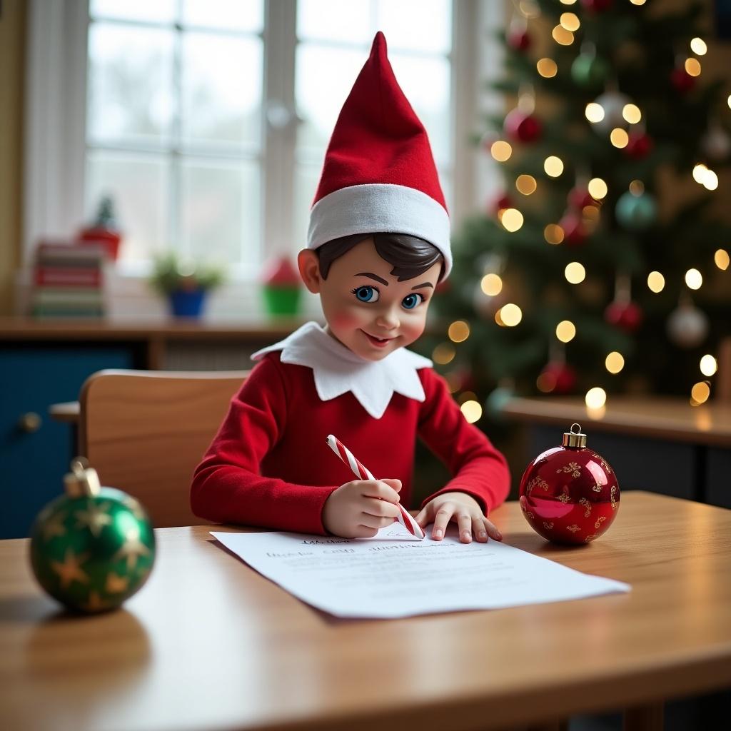 An elf at a wooden table writes names on decorative Christmas baubles. Elf wears a red outfit with a pointed hat. Elf holds a candy cane and writes a note to Primary 3. The scene embodies childhood magic and Christmas cheer.