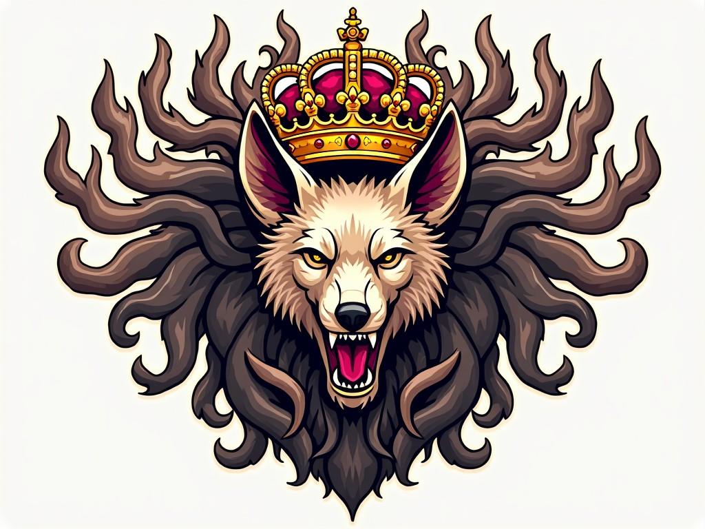 This image features a stylized illustration of a fierce wild dog serving as a royal emblem. The wild dog has a powerful expression, showcasing its sharp teeth. Above the head of the dog rests an ornate crown, symbolizing royalty. The background is dominated by flowing, dark mane-like elements that add drama to the design. This artwork blends a sense of fierceness with regal tones, making it a striking representation suitable for various applications.