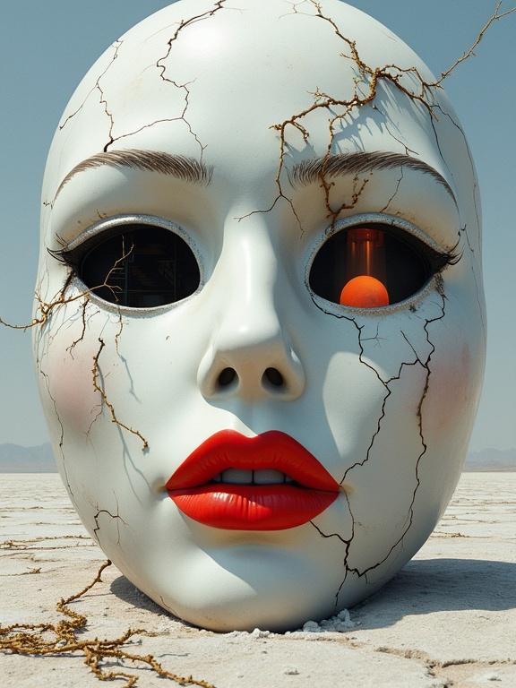 A cracked white marble mask in the middle of a barren salt flat with oversized bright red lips. The lips act as a dark portal into another dimension. Faint silhouettes of tangled staircases and glowing orbs are visible through the opening. Golden vines creep through the marble cracks. Dreamlike and elegant with high detail.