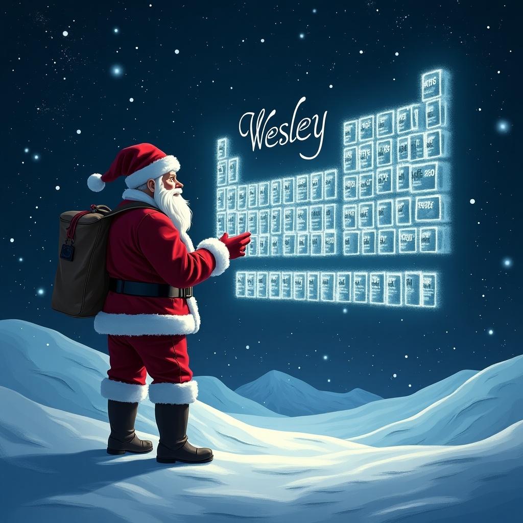 Santa in outer space looking at a periodic chart with the name Wesley written in the snow