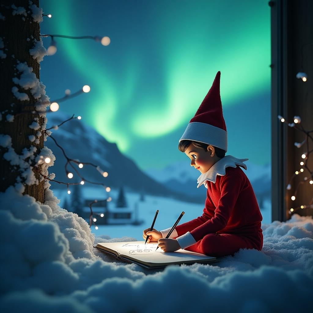 An elf on the shelf is sitting in a snowy winter landscape, writing the name 'Lilly' in the snow. The atmosphere is magical with vibrant northern lights glowing in the background. The elf wears a red outfit and a pointed hat. Surrounding the elf are twinkling fairy lights that add to the festive ambiance. The scene captures the essence of Christmas and childhood wonder with a serene winter backdrop.