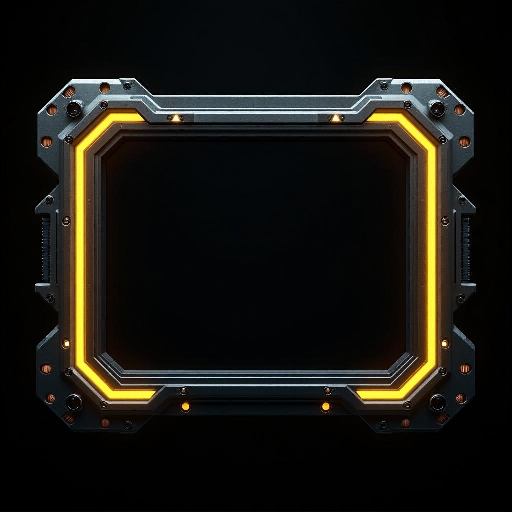 Futuristic sci-fi themed rectangular frame with glowing yellow neon accents and metallic black background. Frame features intricate mechanical details and bolts. Central area is dark for content. Design is symmetrical and sleek.