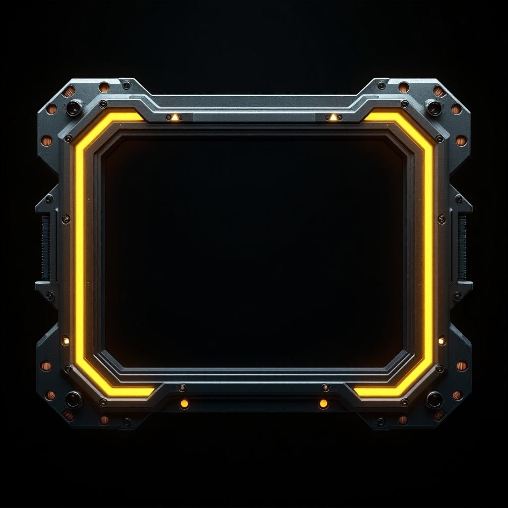 Futuristic sci-fi themed rectangular frame with glowing yellow neon accents and metallic black background. Frame features intricate mechanical details and bolts. Central area is dark for content. Design is symmetrical and sleek.