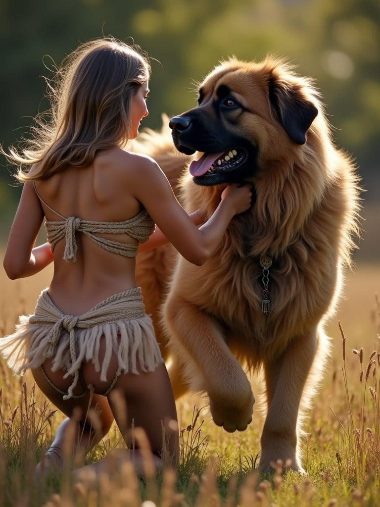 A woman in a loincloth interacts with a large Leonberger dog in a field. The sun casts warm light over them. The scene captures happiness and playfulness.