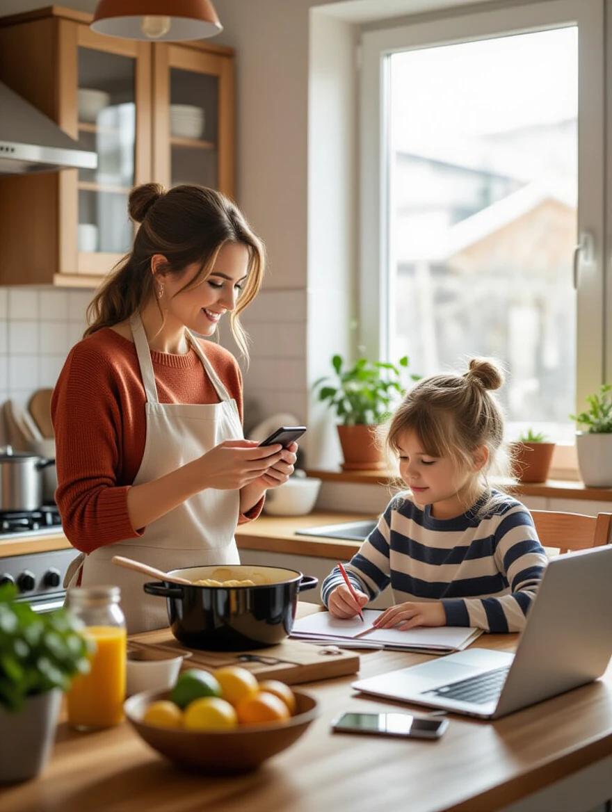 Mother cooking while checking her phone. Child doing homework. Kitchen appears busy and warm. Natural light flows through window. Inviting and emotional atmosphere. Realistic home life depiction.
