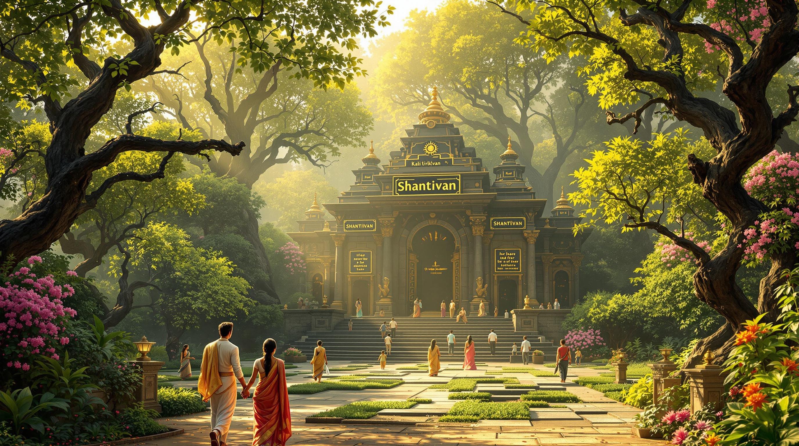 A lush forest named Shantivan bathed in golden sunlight. Twisted black trees have transformed with vibrant green leaves. Ancient ruins of a palace with golden inscriptions. Villagers and travelers walk along stone paths. King Rudrasen and Queen Mriganjali stand proudly at the edge. A serene atmosphere filled with life and vitality.