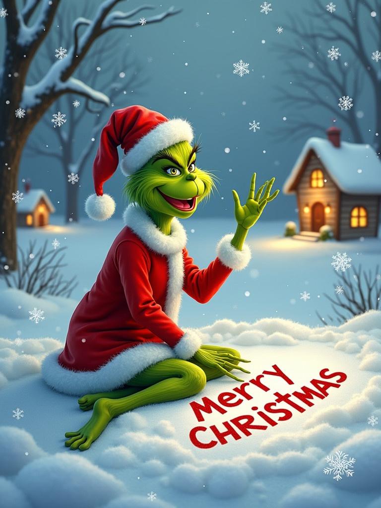 The Grinch sits in a snowy landscape. He wears a red and white Christmas outfit. The Grinch writes 'Merry Christmas from the Manoon family' in the snow. Snowflakes fall around him. Warm lights are visible in nearby cottages. The scene is cheerful and full of holiday spirit.