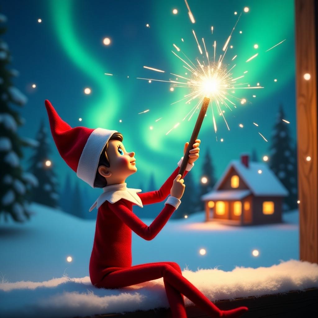 An elf on a shelf with its back to viewer gazes skyward. It holds a glowing wand that emits sparkling light. Background shows a charming Christmas scene with colorful northern lights. A cozy house can be seen in the distance, decorated for holidays. Snow covers the ground, adding to winter atmosphere. Elf displays playful position and spirit of magic associated with Christmas. Words are written in the air using the wand, creating holiday cheer.