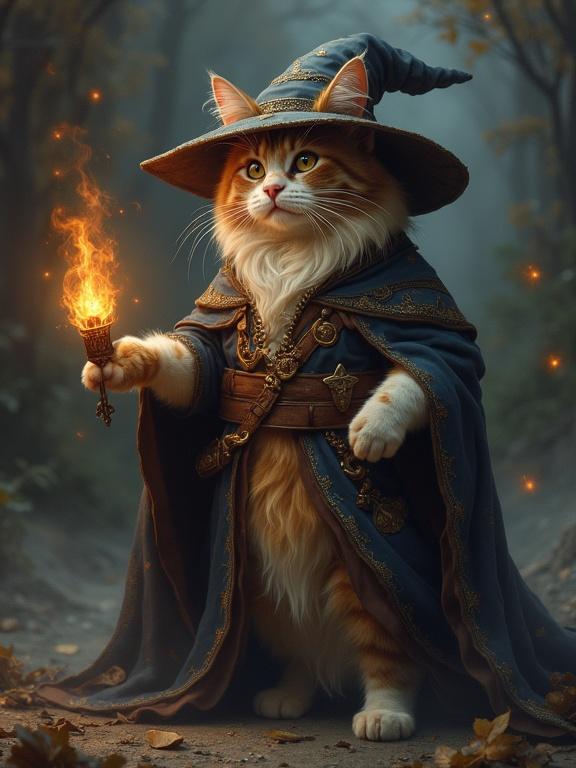 A whimsical cat dressed as a wizard. The cat wears a blue wizard robe and a pointed hat. The cat holds a glowing torch in one paw. The environment features a magical forest with mist. The scene radiates charm and fantasy allure.