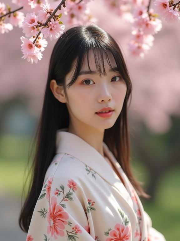 Realistic portrait of a Japanese woman in her 20s with bright skin. She has straight black hair and soft natural makeup. Wearing a light kimono with floral patterns. Standing in a serene Japanese garden during spring. Cherry blossoms gently fall in the background. Warm soft lighting with a depth of field effect. Ultra-detailed skin texture. Cinematic composition in a professional photography style.
