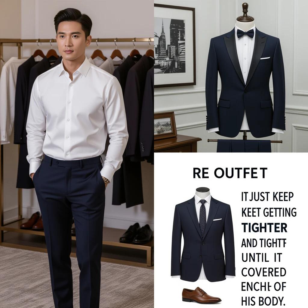 A man is trying on a new outfit. The outfit is fitted tightly to his body. The focus is on the transformation of the look as the outfit becomes tighter.