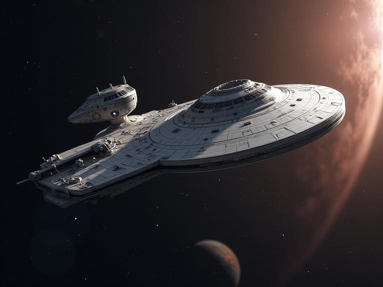 A photo realistic starship travels through the cosmos. The ship features fine details in its design. Breathtaking celestial backdrop with distant planets and stars. Captivating view of a sleek ship gliding through space.