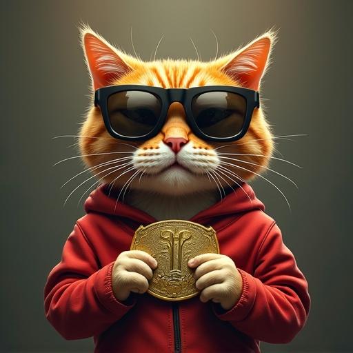 Cartoon theme featuring a sport-themed cat with golden fur. Cat wearing black sunglasses. Cat has a serious expression. Cat holds a gold medal with a dollar symbol. Background has an Olympic style theme.