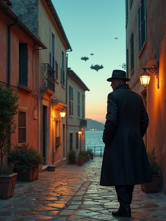 A neo-noir detective in a small Italian neighborhood. Terracotta tiles and old buildings around. Starships in the sky. Pensive mood and wearing a fedora. Dusk with visible coastline.