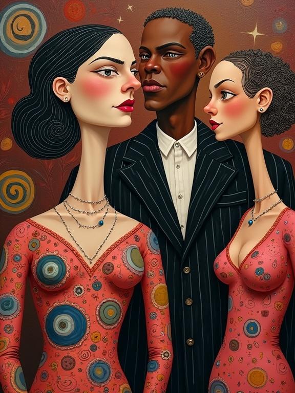 Portrait of three stylized figures in eccentric attire. Figures include two women and one man. Women wear dresses with intricate patterns and jewelry. Man wears a pin-striped suit. Background features brown and red tones. Art style combines elements of Kandinsky and Studio Ghibli for a whimsical effect.