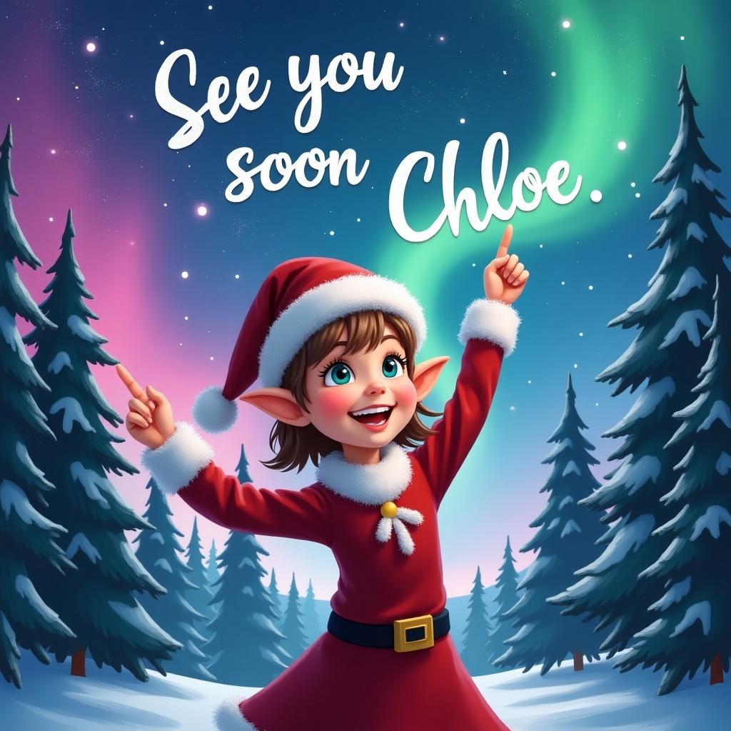 A joyful elf girl with short hair is playfully pointing upwards in a vibrant night sky. She is writing the words 'See you soon Chloe' with excitement. The sky is adorned with beautiful northern lights in shades of pink, blue, green, and purple, creating a magical backdrop. The elf is wearing a traditional red outfit topped with a festive Santa hat, radiating the holiday spirit. Her expression captures wonder as she interacts with this enchanting winter environment. Surrounding her are tall evergreen trees that enhance the winter scene.