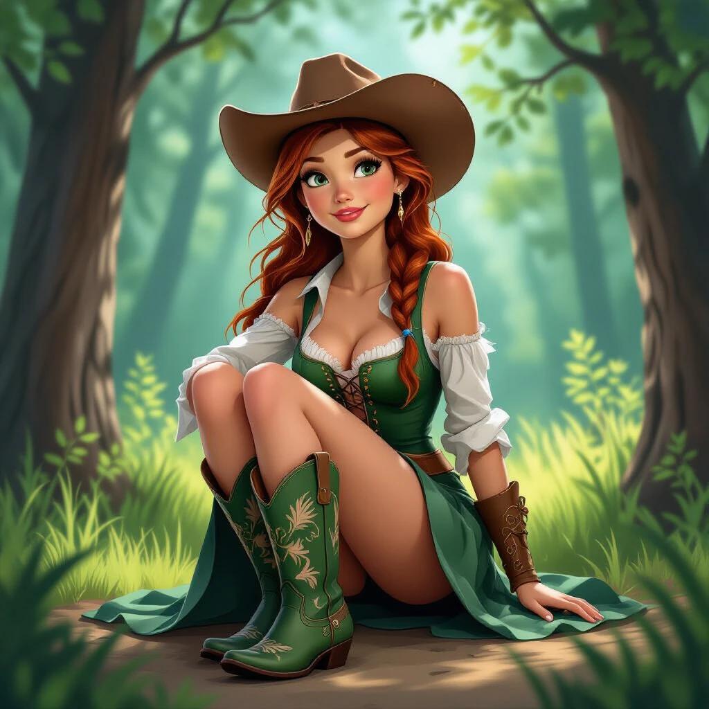 A cowgirl in a green dress poses seated among trees in a forest. She wears green cowgirl boots and has long red hair. The lighting is soft and ethereal. The background features natural greenery and blurred scenery.