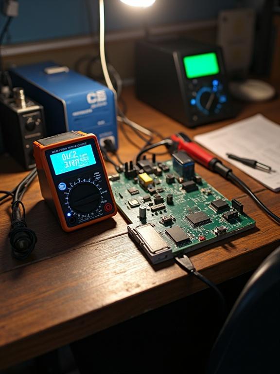 A desk setup featuring a multimeter, circuit board, soldering iron, and various electronic tools. Soft light illuminating the workspace.