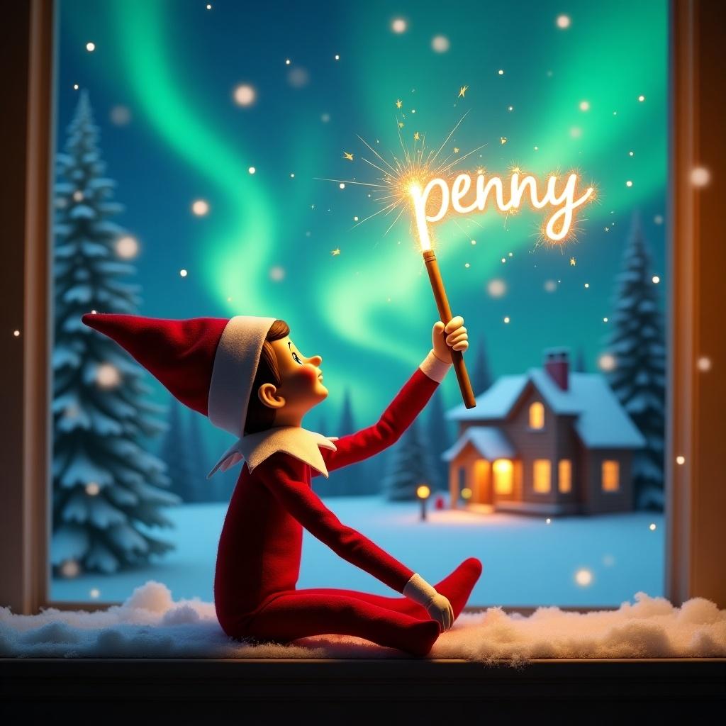 Elf on the shelf sits and gazes skyward. Holds a glowing wand with sparkling light. Background shows a charming Christmas scene with northern lights. Cozy house decorated for the holidays in the distance. Snow covers the ground. Elf is in a playful position, embodying magic and wonder. The name 'penny' is written in the air with the wand.