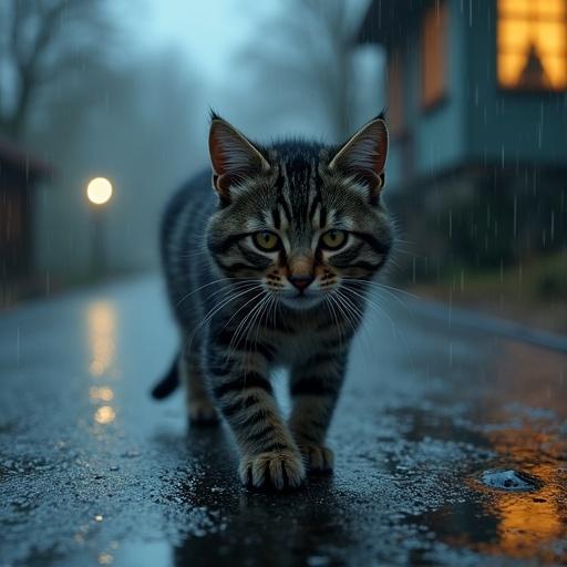 Sad dark-striped kitten walks along wet road in heavy rain. Fur is soaked and shivering from cold. Eyes wide open filled with exhaustion. In the background a cozy house with warm yellow light in the windows. Contrast between cold street and warm home lights intensifies kitten's loneliness. Rain pours down with droplets creating blurred glares.