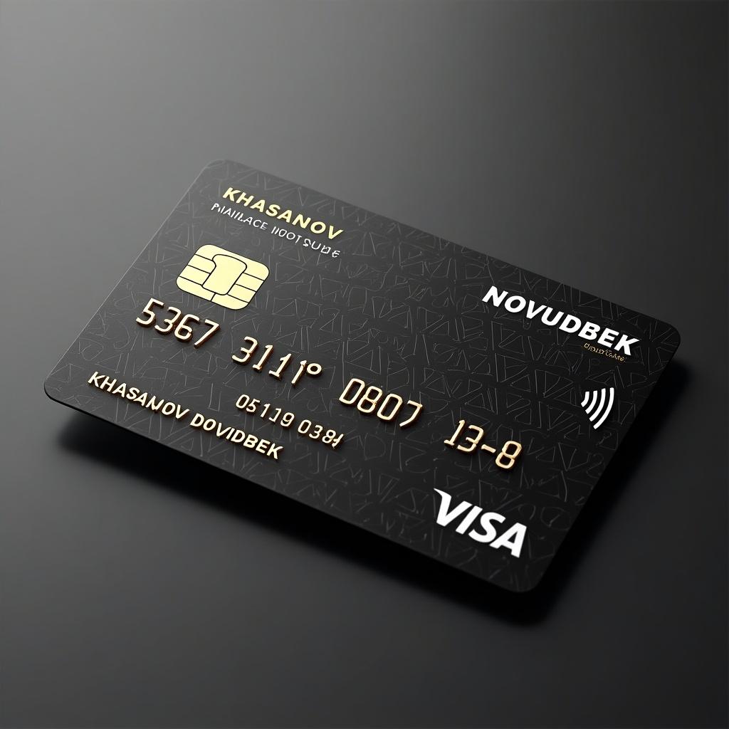 A credit card design featuring a black background with gold text and patterns. Displaying the name KHASANOV DOVUDBEK. Number on the card is visible. Card type is Visa.