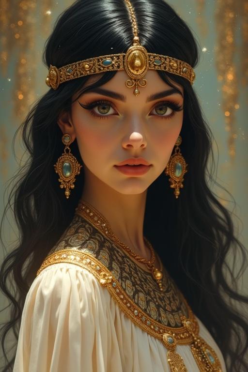 Stylized ethereal portrait of Cleopatra VII. Wise regal expression. Dark intricately styled hair. Artistic regal Egyptian adornments. Fusion of classical portraiture and fantasy art. Soft luminous diffused lighting. Atmospheric minimalist background with ancient motifs. Highly detailed digital painting.