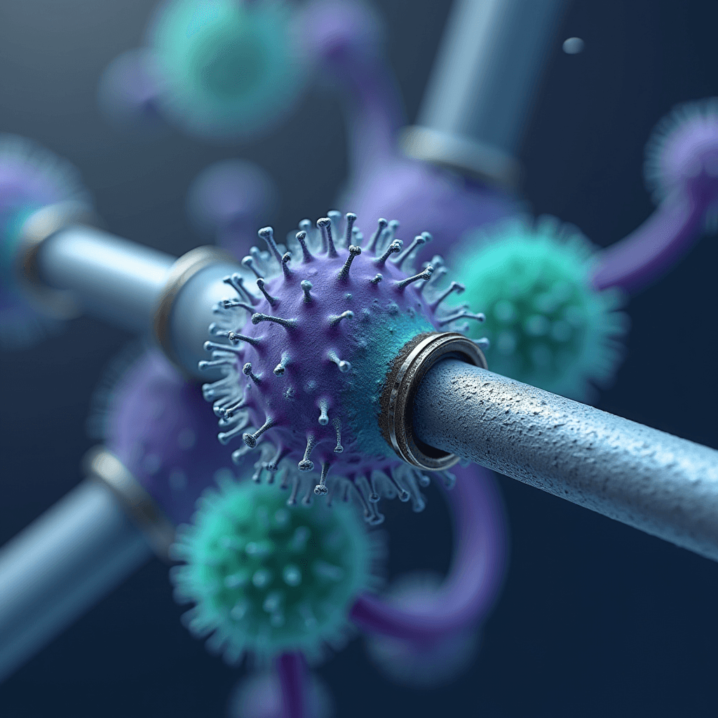 A digital illustration of a virus connected to metallic rods, creating an abstract scientific representation.