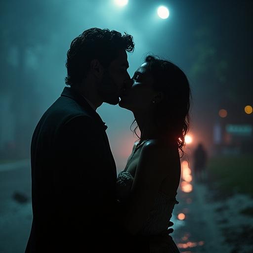 Couple kisses in a foggy night scene. Romantic atmosphere with soft lighting. Grainy and dramatic effect.
