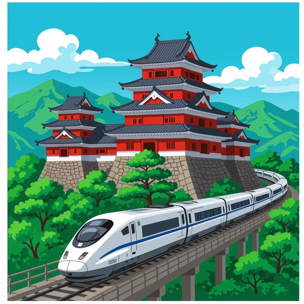 插画展示了传统与现代建筑的融合。古老的日本城堡巍峨在绿树环绕的山坡上，城堡下，一列流线型的现代高速列车沿着轨道行驶。天空湛蓝，点缀着几朵白云，增添了和谐的氛围。色彩鲜明，传统与现代碰撞。