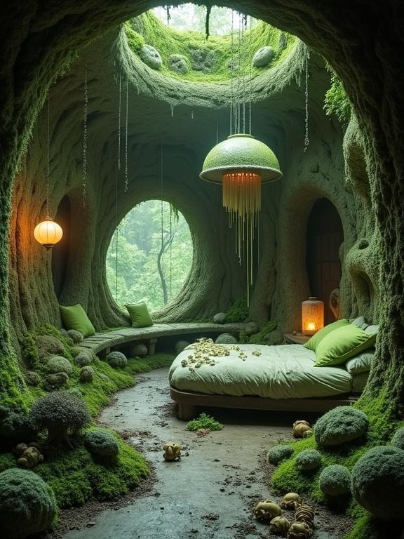 Interior view of an organic-tech dwelling made by a nature cult. Walls of fused plant tissue and metal. Furniture grown from materials, including soft chitin benches and a cocoon bed. Ambient bioluminescent fluid hangs from the ceiling. Fungal lanterns emit dim green light. The floor features woven root systems. The air is humid with spores. The overall feeling is serene yet slightly unsettling.