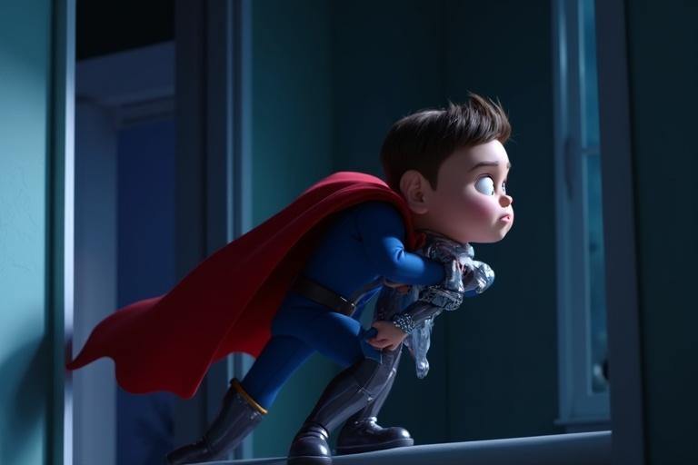 Suspenseful scene with a 3D animated child in a blue superhero outfit with a red cape holding a metallic character. The setting is a dimly lit bedroom at night with moonlight colors. Sparky looks hesitant while carrying Zumo.