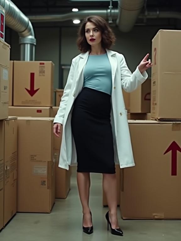Photograph featuring a woman in a white lab coat and black pencil skirt. She stands confidently among cardboard boxes in an industrial warehouse. One hand extended forward while the other points to the right. Dark lipstick complements her expression. Background has industrial pipes and red arrow labels.