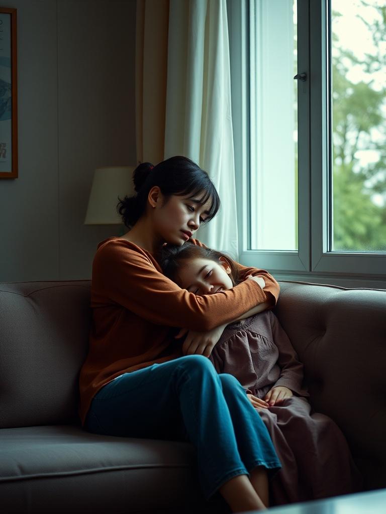 A tender moment is captured between a woman and a child as they sit on a sofa by a window. The woman wraps her arms around the child, who appears to be resting her head on the woman's shoulder. Natural light from the outside softly illuminates the scene, creating a serene and intimate atmosphere. The expressions convey a sense of peace and security, highlighting the emotion of a quiet, comforting embrace.