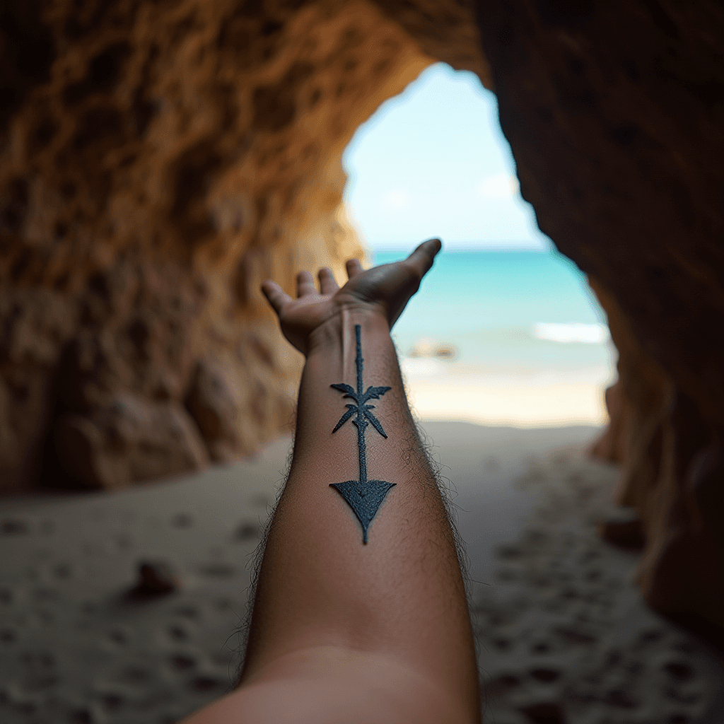 A forearm with a tattoo design, extended towards the ocean from inside a rocky cave.